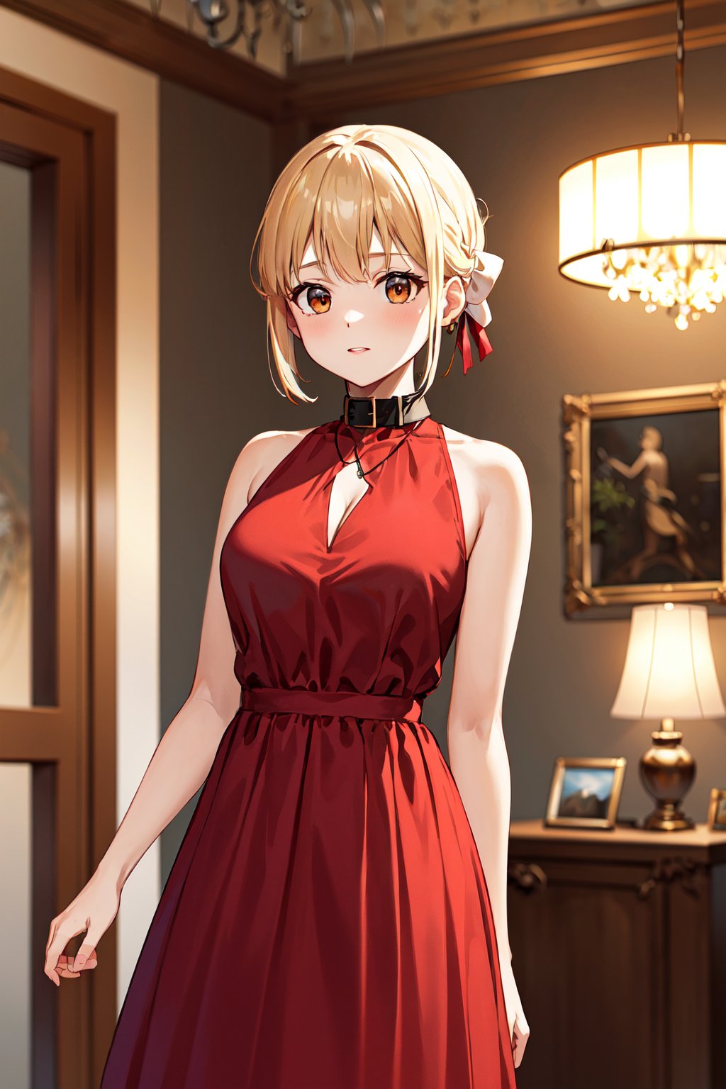 masterpiece, best quality, highres, bbchisato, short hair, hair ribbon, medium breasts, collar, necklace, jewelry, halterneck, cleavage, red dress, sleeveless dress, <lora:nishikigi_chisato_v1:0.7>, indoors, chandelier, standing, cowboy shot