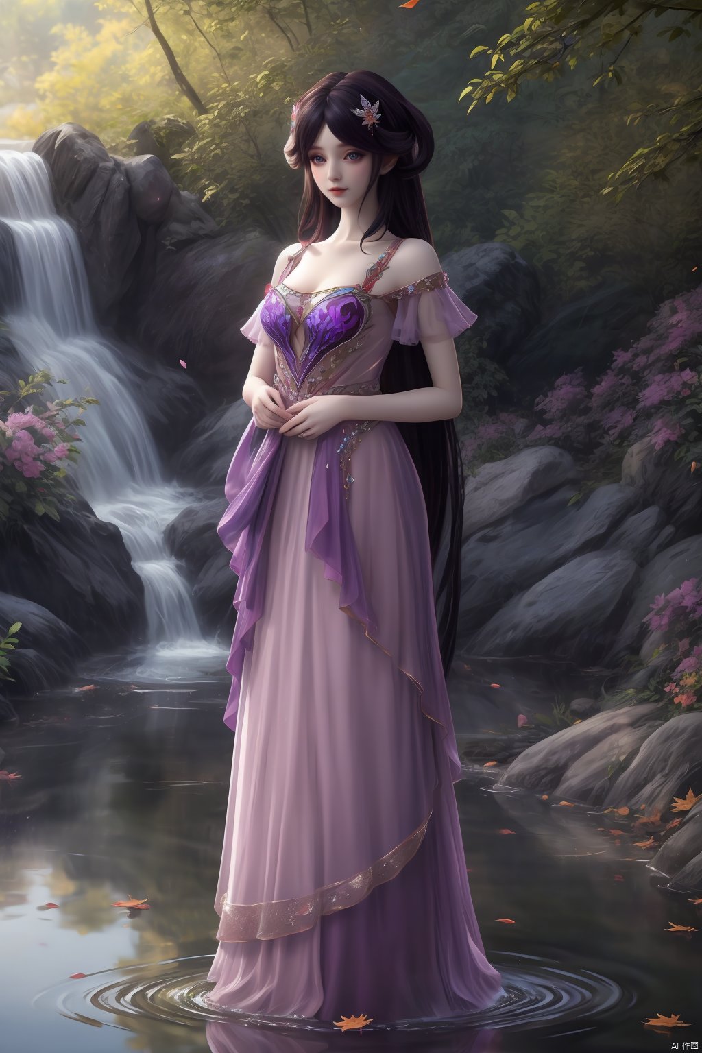 water,maple leaf,petals,outdoors,masterpiece,(best quality),official art, extremely detailed cg 8k wallpaper,((crystalstexture skin)), (extremely delicate and beautiful),highly detailed, (collarbone:0.724),1girl,long hair,hair ornament,full body<lora:EMS-404228-EMS:0.700000>