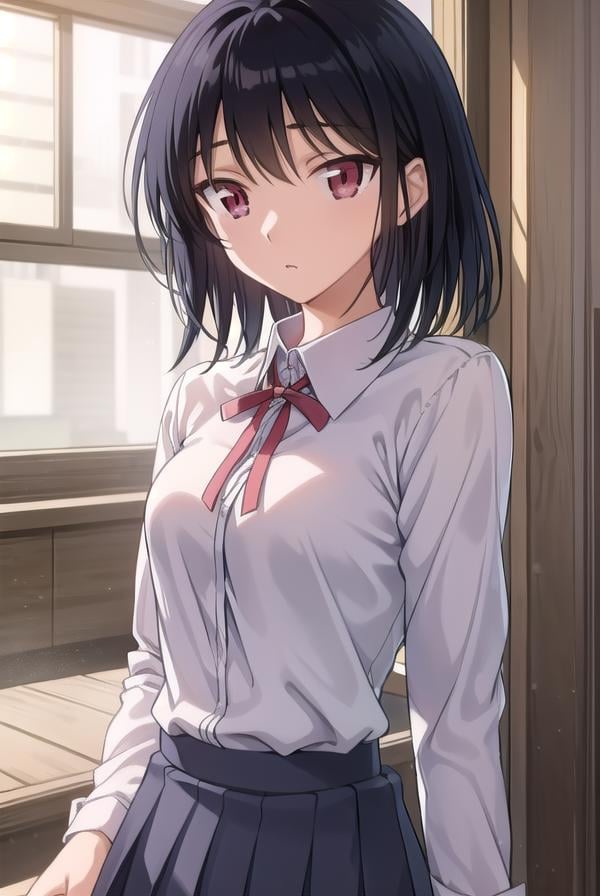 yakumotsukamoto, <lora:yakumo tsukamoto s2-lora-nochekaiser:1>,yakumo tsukamoto, short hair, black hair, (red eyes:1.3),BREAK skirt, shirt, long sleeves, bow, ribbon, school uniform, white shirt, pleated skirt, collared shirt, bowtie, red ribbon, neck ribbon, red skirt,BREAK indoors, classroom,BREAK looking at viewer, (cowboy shot:1.5),BREAK <lyco:GoodHands-beta2:1>, (masterpiece:1.2), best quality, high resolution, unity 8k wallpaper, (illustration:0.8), (beautiful detailed eyes:1.6), extremely detailed face, perfect lighting, extremely detailed CG, (perfect hands, perfect anatomy),