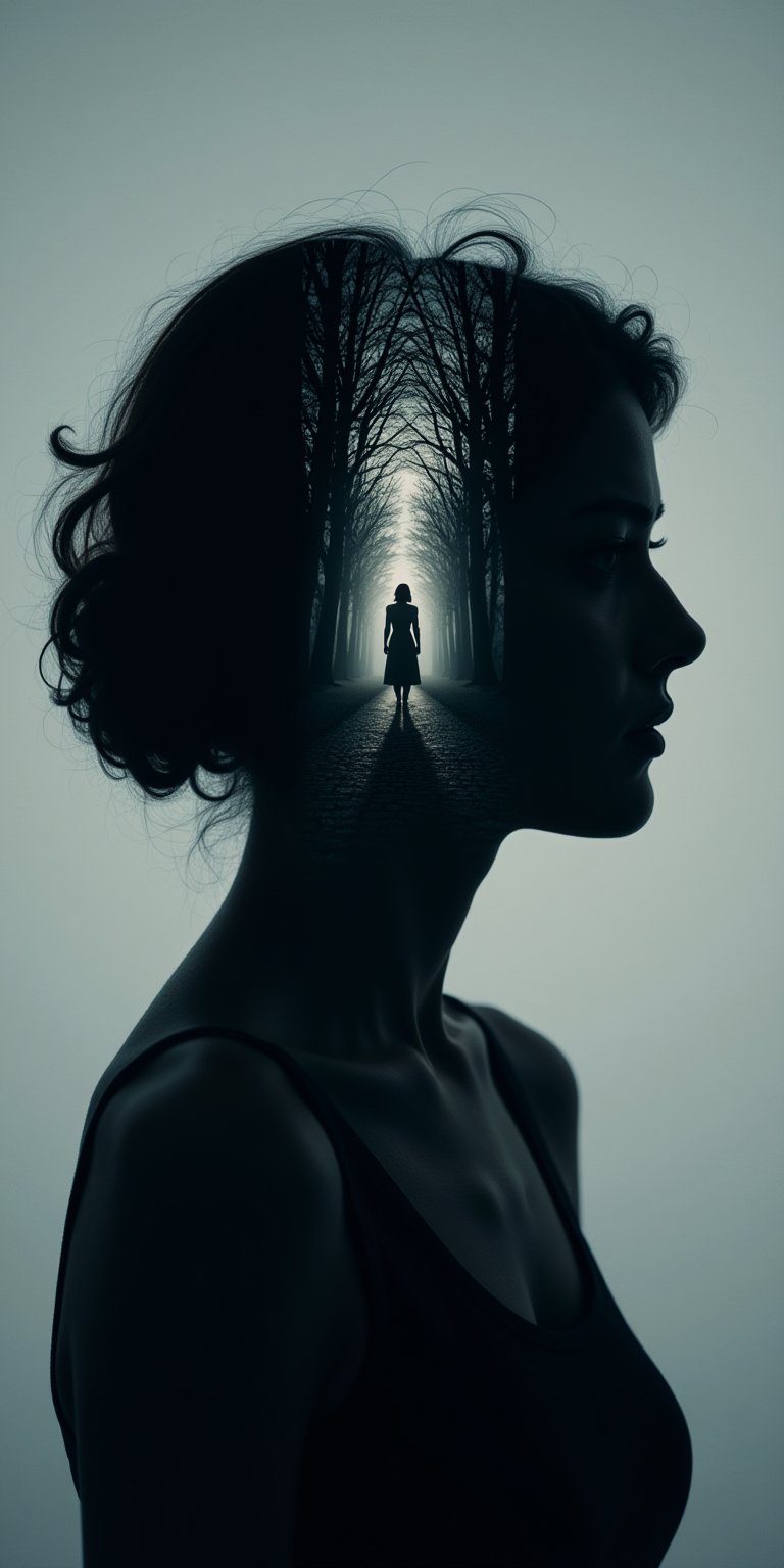 MN,A silhouette of the woman's head,with her hair forming an opening that reveals another figure walking on a path in darkness. The background is dark and mysterious,adding to the overall mood of intrigue. This double exposure effect creates depth by blending two contrasting images seamlessly into one. It symbolizes mystery,shadowy selfIronical beauty.,