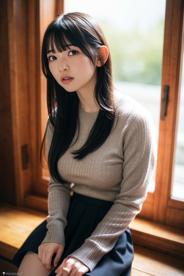 1girl,solo,long hair,sitting,skirt,sweater,bangs,looking at viewer,lips,window,black skirt,long sleeves,closed mouth,grey sweater,brown hair,blunt bangs,indoors,black hair,best quality,masterpiece,illustration,an extremely delicate and beautiful,CG,unity,8k wallpaper,Amazing,finely detail,masterpiece,official art,extremely detailed CG unity 8k wallpaper,incredibly absurdres,huge filesize,ultra-detailed,highres,extremely detailed,beautiful detailed girl,realistic,light contrast,,<lora:Suzuka Sayama_20240501225241:0.8>