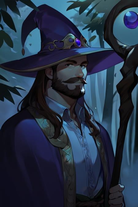 score_9, score_8_up, score_7_up, rating_safe, dark theme, low light, 1boy, solo, male focus, mature male, wizard, long hair, brown hair, black eyes, looking at viewer, hat, facial hair, beard, mustache, staff, wizard hat, purple hat, shirt, collared shirt, robe, purple robe, cloak, holding, holding staff, upper body, standing, outdoors, forest, nature, tree, fog, dark background <lora:Anime Cold Night Style SDXL_LoRA_Pony Diffusion V6 XL:1>