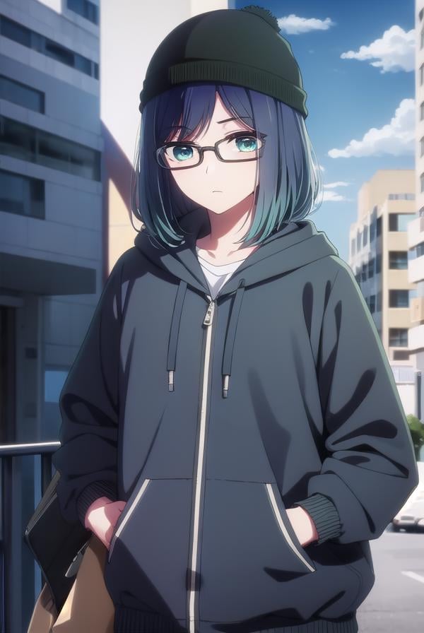 akanekurokawa, <lora:akane kurokawa s1-lora-nochekaiser:1>,akane kurokawa, bangs, (green eyes:1.3), blue hair, medium hair, dark blue hair,BREAK long sleeves, hat, jacket, glasses, hood, black jacket, black headwear, hoodie, hood down, red-framed eyewear, beanie,BREAK outdoors, city, sun, sky, clouds,BREAK looking at viewer, (cowboy shot:1.5),BREAK <lyco:GoodHands-beta2:1>, (masterpiece:1.2), best quality, high resolution, unity 8k wallpaper, (illustration:0.8), (beautiful detailed eyes:1.6), extremely detailed face, perfect lighting, extremely detailed CG, (perfect hands, perfect anatomy),