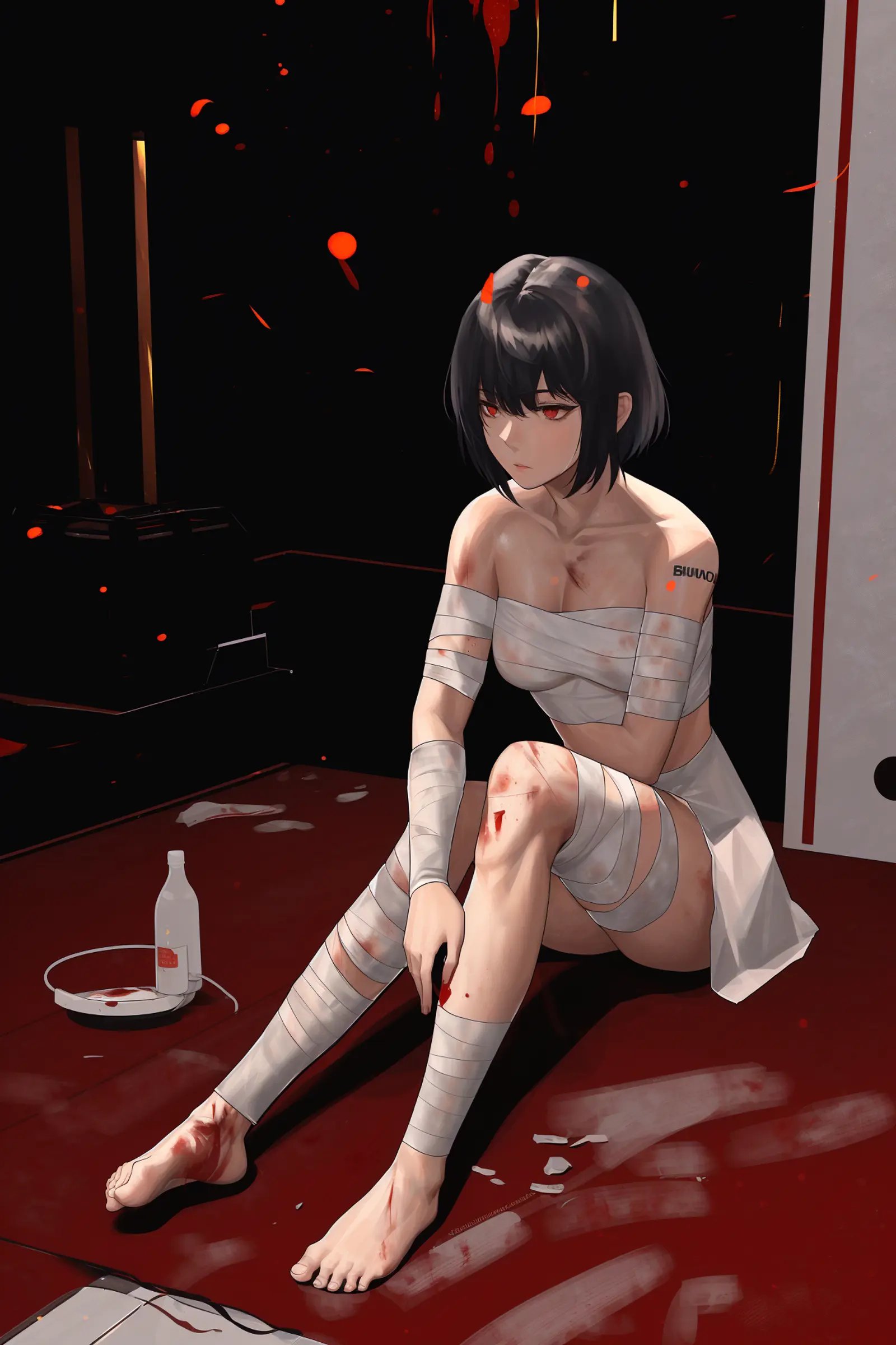 by homutan, bandages, 1girl, solo, blood, bandaged arm, black hair, barefoot, sitting, bandaged leg, short hair, feet, injury, bangs, red eyes, naked bandage, blood splatter, toes, chromatic aberration, full body, on floor, hair between eyes