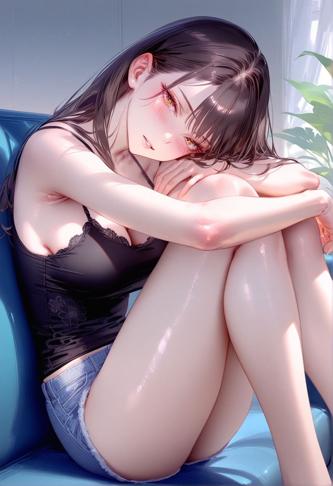 masterpiece, best quality,  <lora:RAR 0.4v:1>,RAR,1girl, solo, long hair, breasts, looking at viewer, blush, brown hair, black hair, bare shoulders, sitting, thighs, parted lips, shorts, sleeveless, indoors, blurry, lips, head tilt, short shorts, bare arms, feet out of frame, bare legs, floral print, knees up, couch, camisole, on couch, black camisole