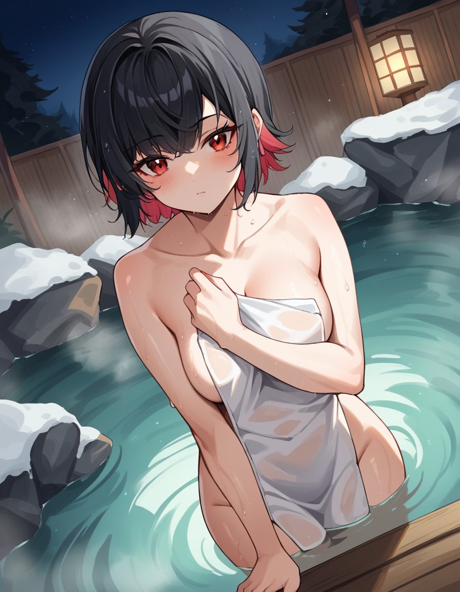 score_9, score_8_up, score_7_up, source_anime, ellenjoe, <lora:ellen-joe-ponyxl-lora-nochekaiser:1>, ellen joe, black hair, colored inner hair, multicolored hair, red eyes, red hair, short hair, two-tone hair,, nude, naked, outdoors, onsen, towel, naked towel, steam, bathing, nude cover, partially submerged, water, bath, steam censor, wet towel, blush, looking at viewer, solo, cowboy shot, dutch angle