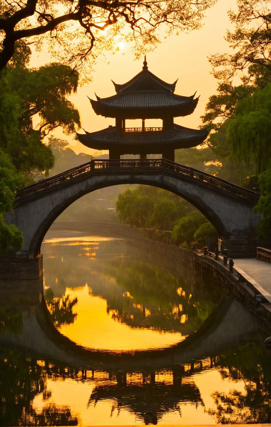 Golden sun,dusk,scenery, bridge, outdoors, architecture, silhouette, tree, reflection, east asian architecture, building, water<lora:aki-XL:1>,