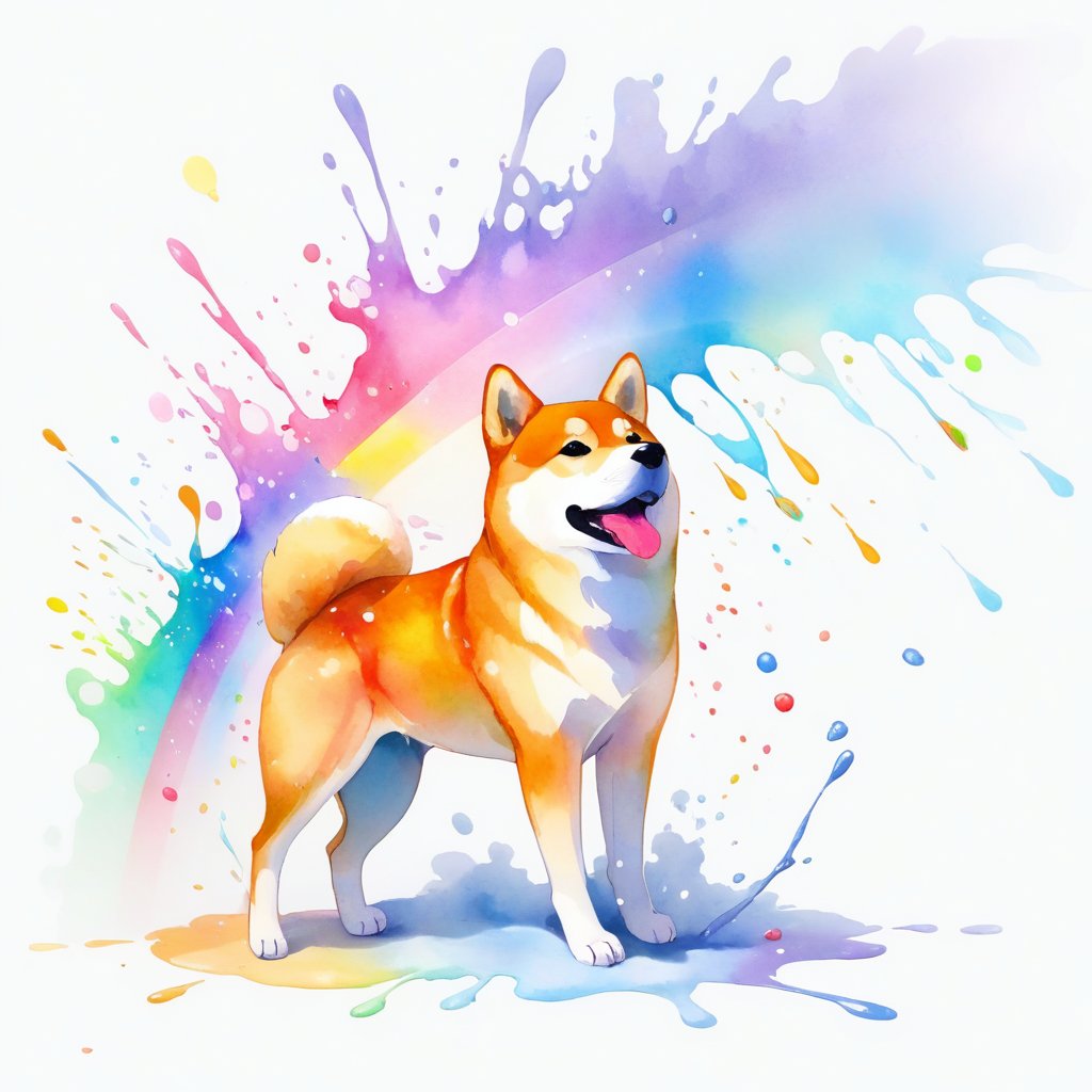 abstract, splash, vibrant, white background, lights, volumetric lighting, rainbow, abstract, paint, pastel, watercolor, particles, shiba inu,