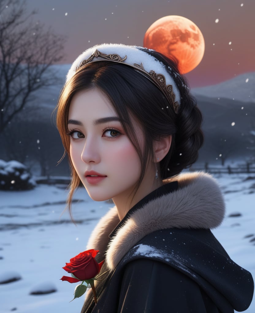 (,1girl, ,best quality, )masterpiece, fantasy, realistic,science fiction,mole, ultra realistic 8k cg, ,tamari \(flawless\),    ,outdoors, snow, snowing, snow on head, sun,sunset,sunlight,moonlight,full moon, red moon,  crescent moon,  crescent rose,  black rose,       (()), (()),