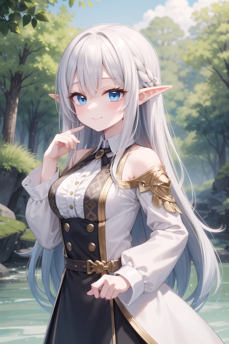 insanely detailed, absurdres, ultra-highres, ultra-detailed, best quality,1girl, solo, nice hands, perfect handsBREAKelf girl, (wearing sorcerer outfit:1.2), (nsfw:-1.5), (navel:-1)BREAKhappy smile, laugh, closed mouthBREAKfrom below,standing, cowboy shot, looking at viewerBREAKslender, kawaii, perfect symmetrical face, ultra cute girl, ultra cute face, ultra detailed eyes, ultra detailed hair, ultra cute, ultra beautifulBREAKfantasy world, in forest, river, depth of field, ultra detailed backgroundBREAKmedium breasts,BREAKsilver hair, long hair, elf ear, blue eyes