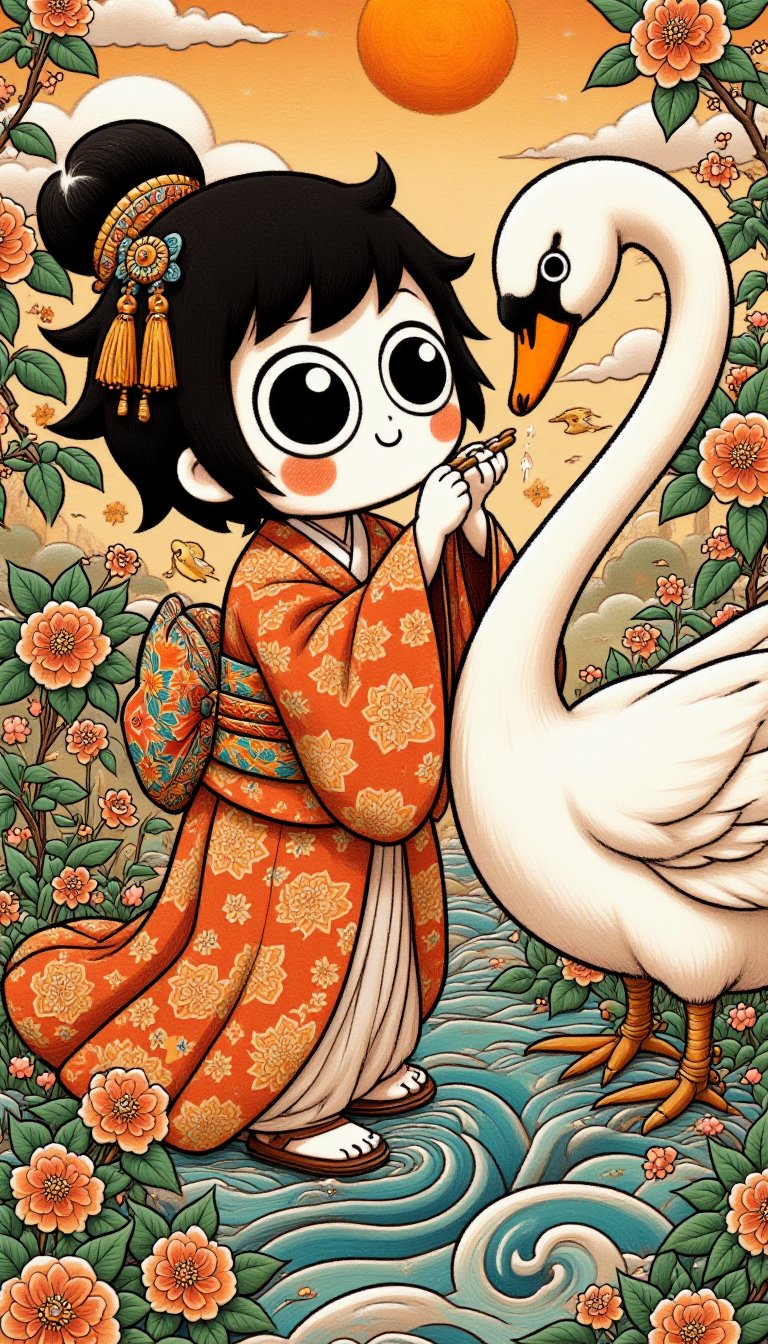 A raven-haired geisha standing on tiptoes to feed a majestic swan.