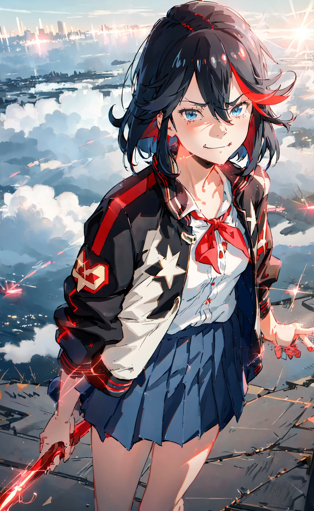 masterpiece, best quality, realistic, 1girl, solo, matoi ryuuko, blue skirt, letterman jacket, looking at viewer, red neck ribbon, open jacket, pleated skirt, smirk, white shirt, cloudy sky, smoke, lens flare, bokeh, glittering, sparkling, from above <lora:MatoiRyuukoV3:0.8>