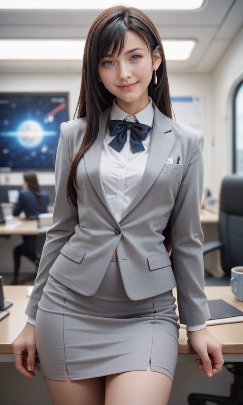 score_9, score_8_up, score_7_up, masterpiece,best quality, highly detailed, Best quality,masterpiece,ultra high res,(office suit:1.2),tifa_ac,looking at viewer,(cowboy shot:1.1), long sleeves, grey pencil skirt, office,smile,closed mouth, score_9, score_8_up, score_7_up, score_9, score_8_up, score_7_up, best quality, masterpiece,realistic, photo of a ginger woman, in space, futuristic space suit, (freckles:0.8) cute face, sci-fi, dystopian, detailed eyes, blue eyes