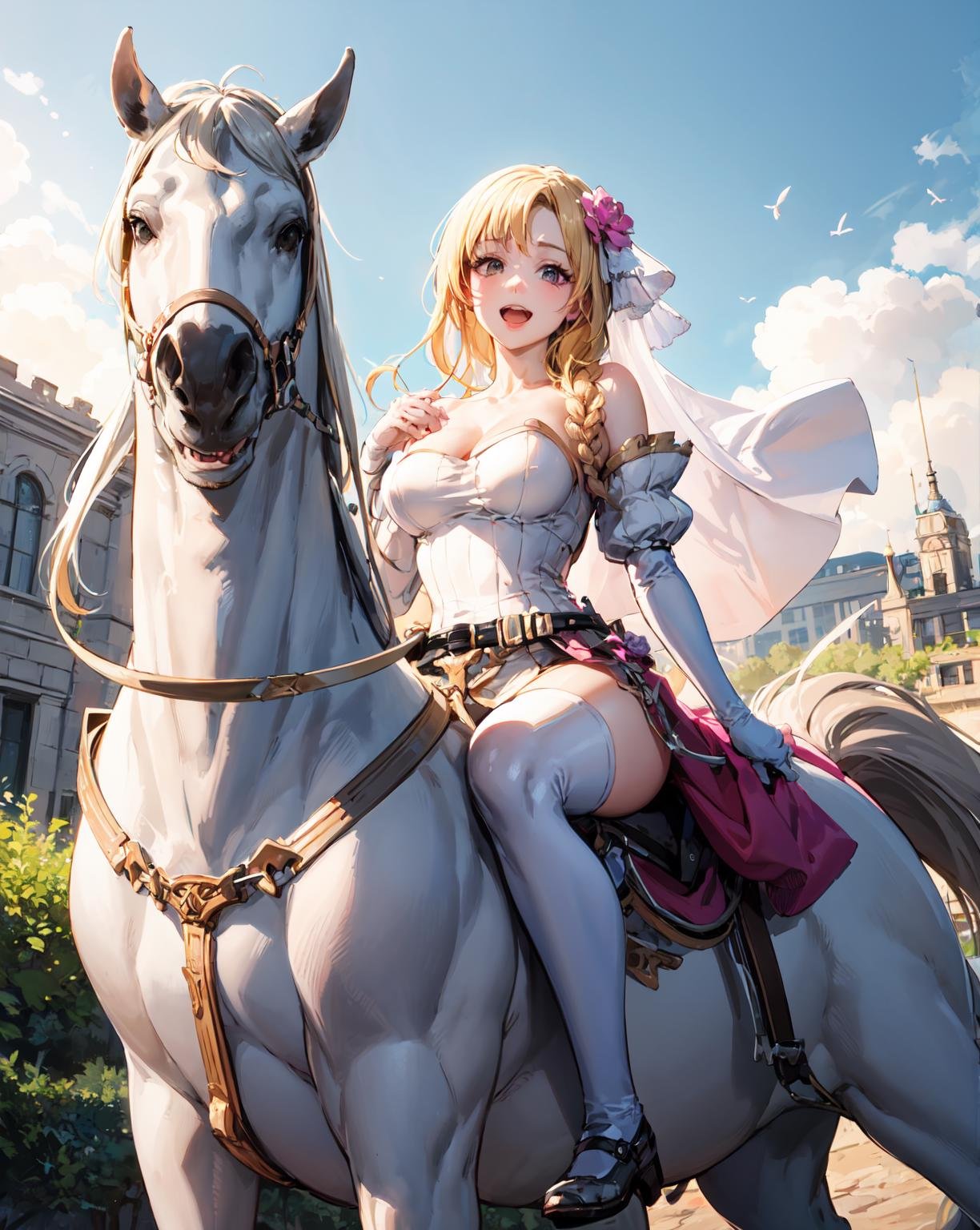 (from below:1.3),(white horse,riding a horse,saddle,reins:1.2),<lora:louiseV1:0.7>, wed_louise, white glove,dress,brooch、 flower, white dress,  long dress,wedding dress, bare shoulders, single braid, bridal gauntlets,  open mouth, medium breasts, looking at viewer, strapless dress, breasts, smile, hair over shoulder, strapless,outdoors,(masterpiece, best quality, ultra-detailed, best shadow)