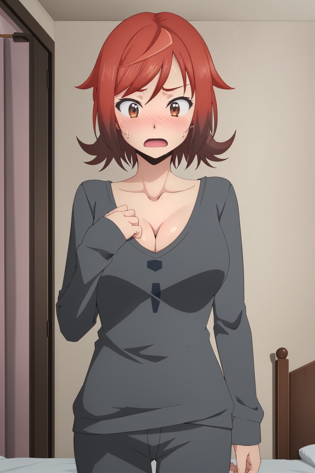 <lora:retto_enjou_girl-16:1> retto_enjou_girl, 1girl, red hair, solo, short hair, red eyes, embarrassed, blush, wavy open mouth, bedroom, large breasts, shirt, sweatpants, <lora:looking_down_at_self-13:1> looking-down-at-self, looking down, cleavage, grabbing own breast, 