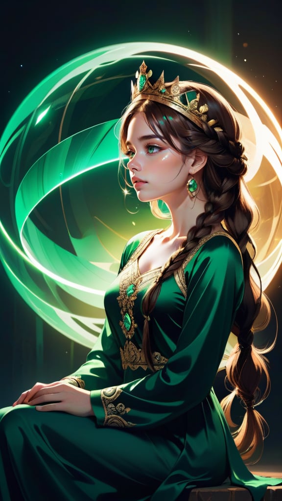 4n1v3rs3, a woman with crown braided hair sits in front of a glowing orb, her eyes closed as she gazes out at the world below. Her body is covered in shades of green and brown, very coherent, deep rich colors, located artistic, luxury, glowing, pure, highly enhanced