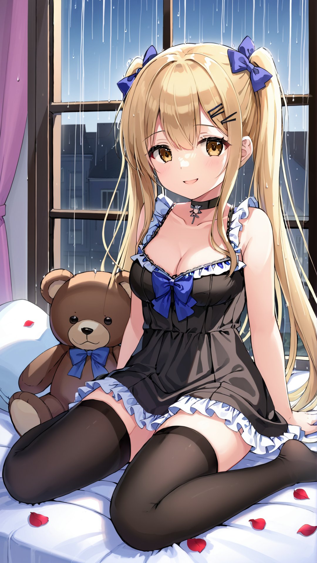 1girl, solo, teddy bear, stuffed toy, breasts, stuffed animal, long hair, thighhighs, cleavage, sitting, window, wariza, dress, black thighhighs, looking at viewer, pillow, very long hair, brown eyes, indoors, blonde hair, black dress, hair ornament, twintails, medium breasts, bangs, smile, bare shoulders, bow, choker, hairclip, petals, frills, two side up, no shoes, sleeveless dress, on bed, rain, blue bow, head tilt, sleeveless, wings, between legs