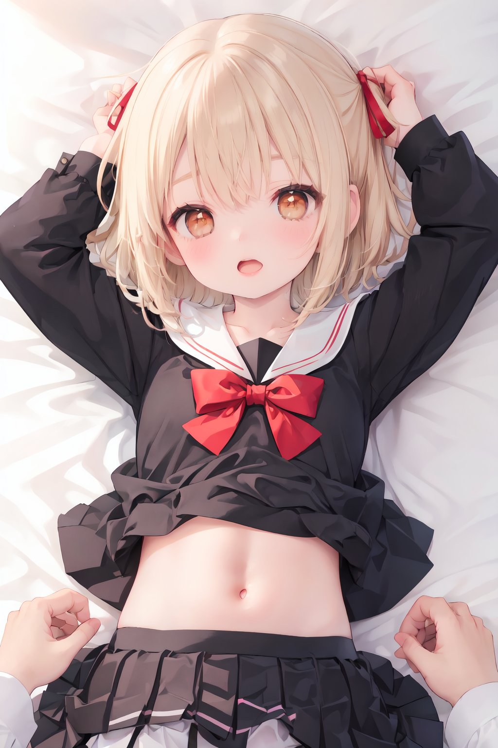 school uniform, skirt, open mouth, navel, 1boy, white sailor collar, lying, looking at viewer, long sleeves, on back, bowtie, sailor collar, black skirt, shirt, 1girl, black shirt, bow, blonde hair, solo focus, breasts, brown hair, pov, pleated skirt, hetero, arms up, red bowtie, blush, red bow, ribbon, serafuku, hair ribbon, bangs, short hair, orange eyes, collarbone, black serafuku, brown eyes, midriff peek, grabbing, midriff