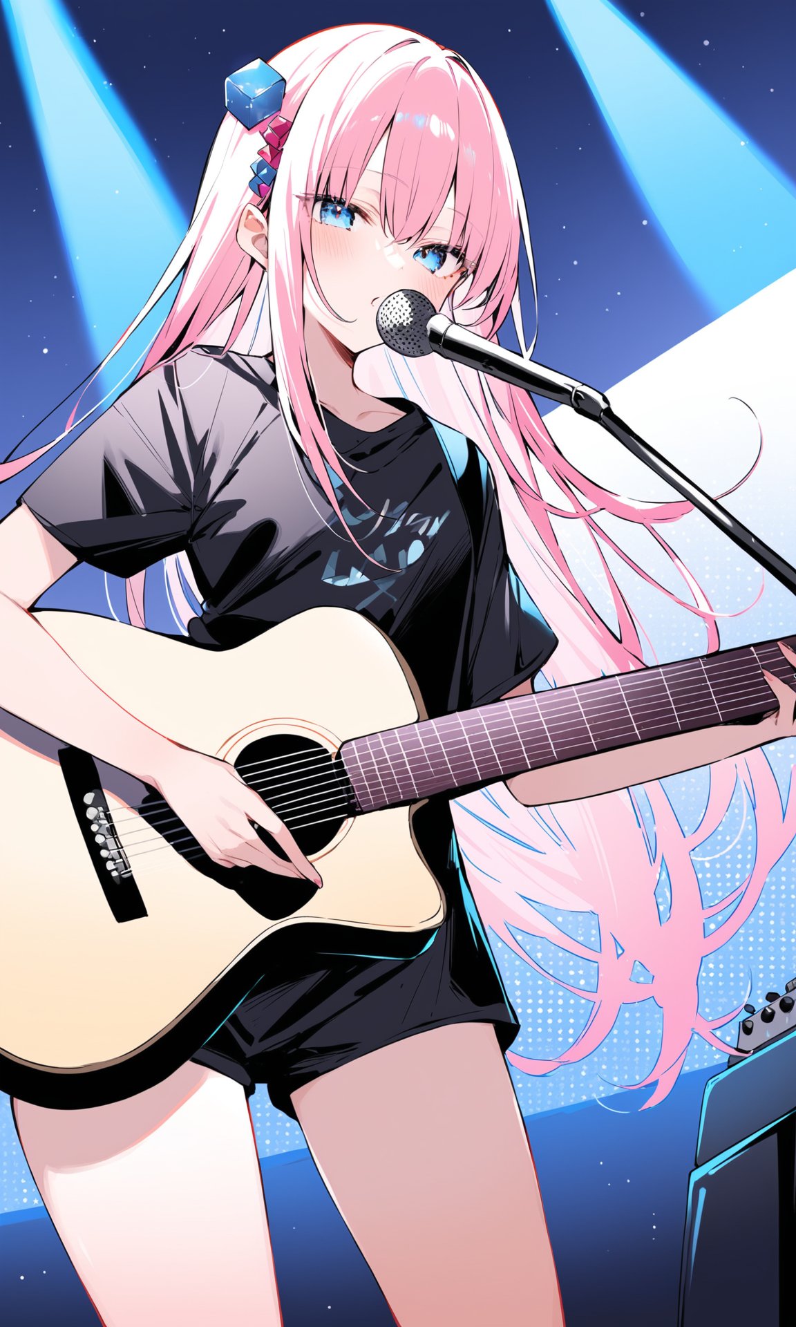 (best quality),(masterpiece),((beautiful:0.75) cute girl:0.75),[clear and clean] pixiv (illustration),gotou hitori,black shirt,concert,holding instrument,guitar,pink long hair,hair ornament,cube hair ornament,hair between eyes,bangs,blue eyes,