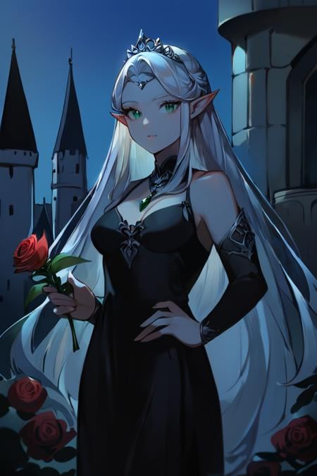 score_9, score_8_up, score_7_up, rating_safe, dark theme, low light, 1girl, solo, elf, pointy ears, breasts, long hair, very long hair, white hair, green eyes, portrait, looking at viewer, black dress, tiara, silver tiara, holding, holding flower, rose, red rose, necklace, jewelry, cowboy shot, standing, outdoors, castle <lora:Anime Cold Night Style SDXL_LoRA_Pony Diffusion V6 XL:1>