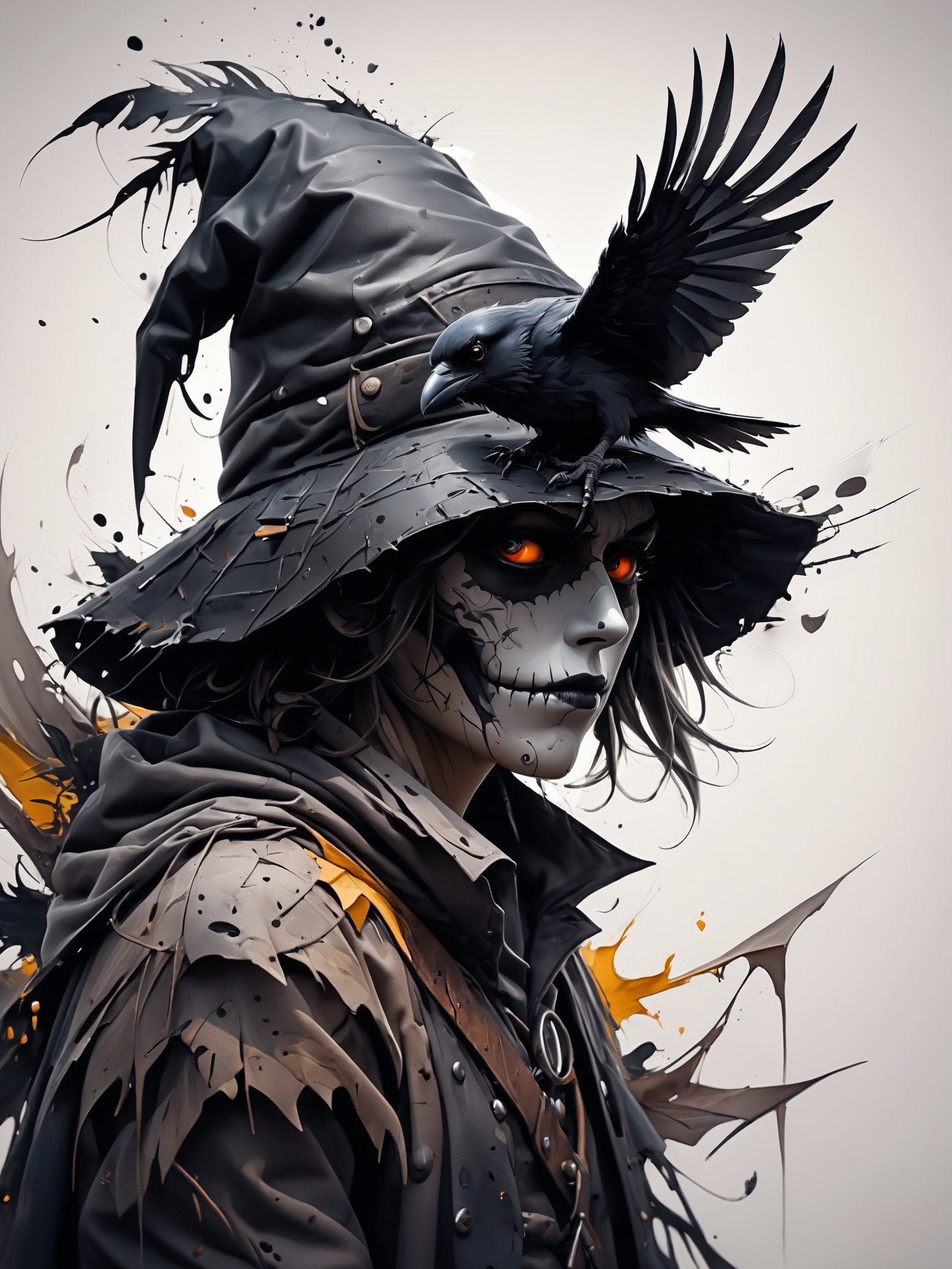 Vektor Create an exquisite ink painting on white paper that is the perfect multi-exposure work of art. This piece was intended to combine the volume-shaded of a Raven and a scarecrow . Hyper realistic .Tattoo style, paint splash, colors in white ,black and white , illustration, painting, photo, poster, dark fantasy,  epic action, Unreal Engine, cinematic award winning artwork, many details, extreme detailed, full of details,Wide range of colors., dramatic, Dynamic,Cinematic,Sharp details, Insane quality. Insane resolution. Insane details. Masterpiece. 32k resolution. casting shadow style, cucoloris patterned illumination,  dvr-lnds-sdxl, ral-dissolve, ral-ertmsphr, ral-porcelain, ral-pxlprtcl, Niji, aidma-niji