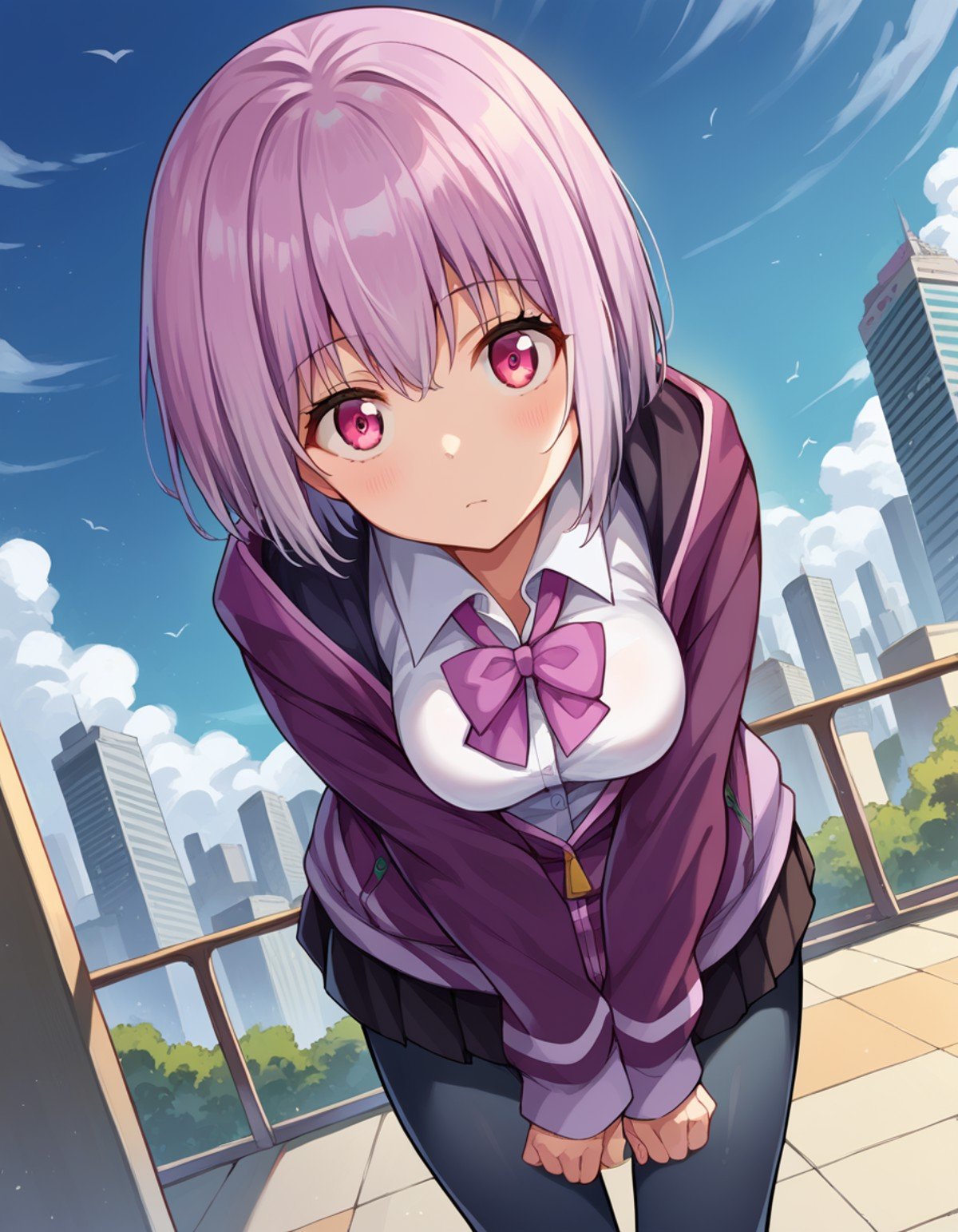 score_9, score_8_up, score_7_up, source_anime,akaneshinjou, <lora:akane-shinjou-ponyxl-lora-nochekaiser:1>,shinjou akane, light purple hair, pink eyes, short hair,black pantyhose, bow, collared shirt, hood, hooded jacket, jacket, open clothes, open jacket, open shirt, pantyhose, purple bow, purple jacket, school uniform, shirt, sleeves past wrists, unbuttoned shirt, white shirt,outdoors, cityscape, bent over,looking at viewer, cowboy shot, dutch angle,