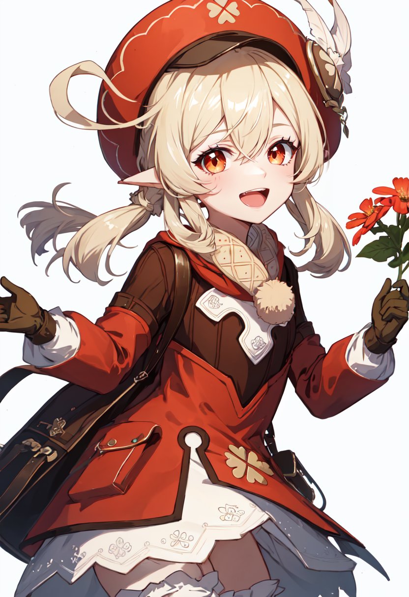 best quality, masterpiece, highres, solo, (klee_genshin:1.10), 1girl, brown scarf, clover print, hat feather, long sleeves, looking at viewer, randoseru, red coat, :d, brown gloves, open mouth, pocket, bag charm, simple background, bloomers, white background, dress, 5 <lora:klee_genshin:0.80>