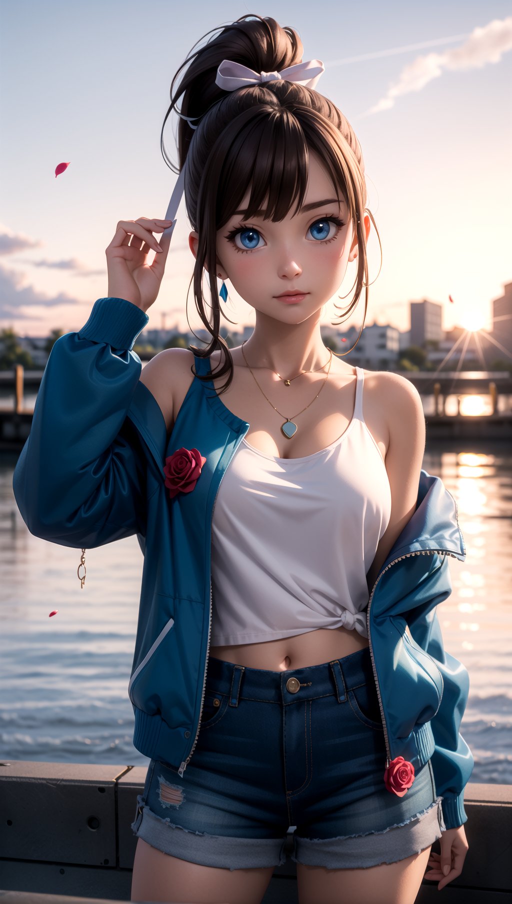 3d,3d background,1girl,bare shoulders,blue eyes,breasts,brown hair,hair ribbon,looking at viewer,necklace,ponytail,ribbon,shirt,multicolored jacket,skirt,shorts,pose,closed mouth,masterpiece,best quality,scenery,sunset,rose petals,