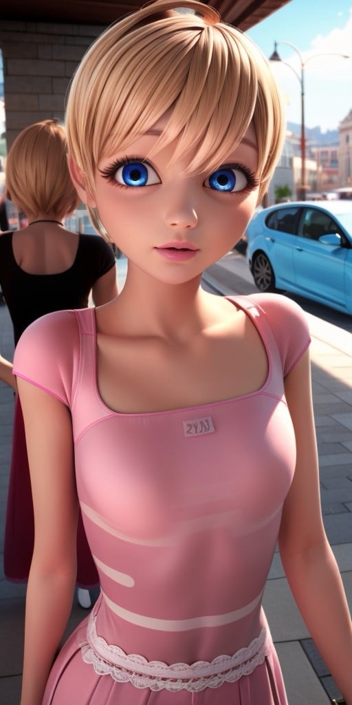 Hyperrealistic, super detailed, photorealistic, long pink dress with lace, honey blonde pixie cut with bangs that slightly cover her eyes to the right and a tiny cowlick on top expressive round vivid sapphire blue eyes, body like in real life, large pores, slender, fourteen years old, fair-skinned skin, beautiful arms, very flat very little breasts, unreal engine, octane render, droped shadow, bokeh, cinematic lighting, <lora:Volumetric_lighting:0.6>, <lora:add_detail:0.5>, Rose Lavillant, , <lora:06bcf8b1-73c7-405d-9e36-210ca06801fe:0.7>