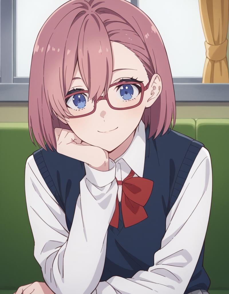 score_9, score_8_up, score_7_up, source_anime, <lora:ririsa-amano-s1-ponyxl-lora-nochekaiser:1>, ririsa amano, short hair, glasses, blue eyes, pink hair, bangs,, skirt, bow, school uniform, jacket, pleated skirt, grey skirt, sweater vest, collared shirt,, indoors, smile, looking at viewer, solo, sitting, head rest,, cowboy shot, dutch angle