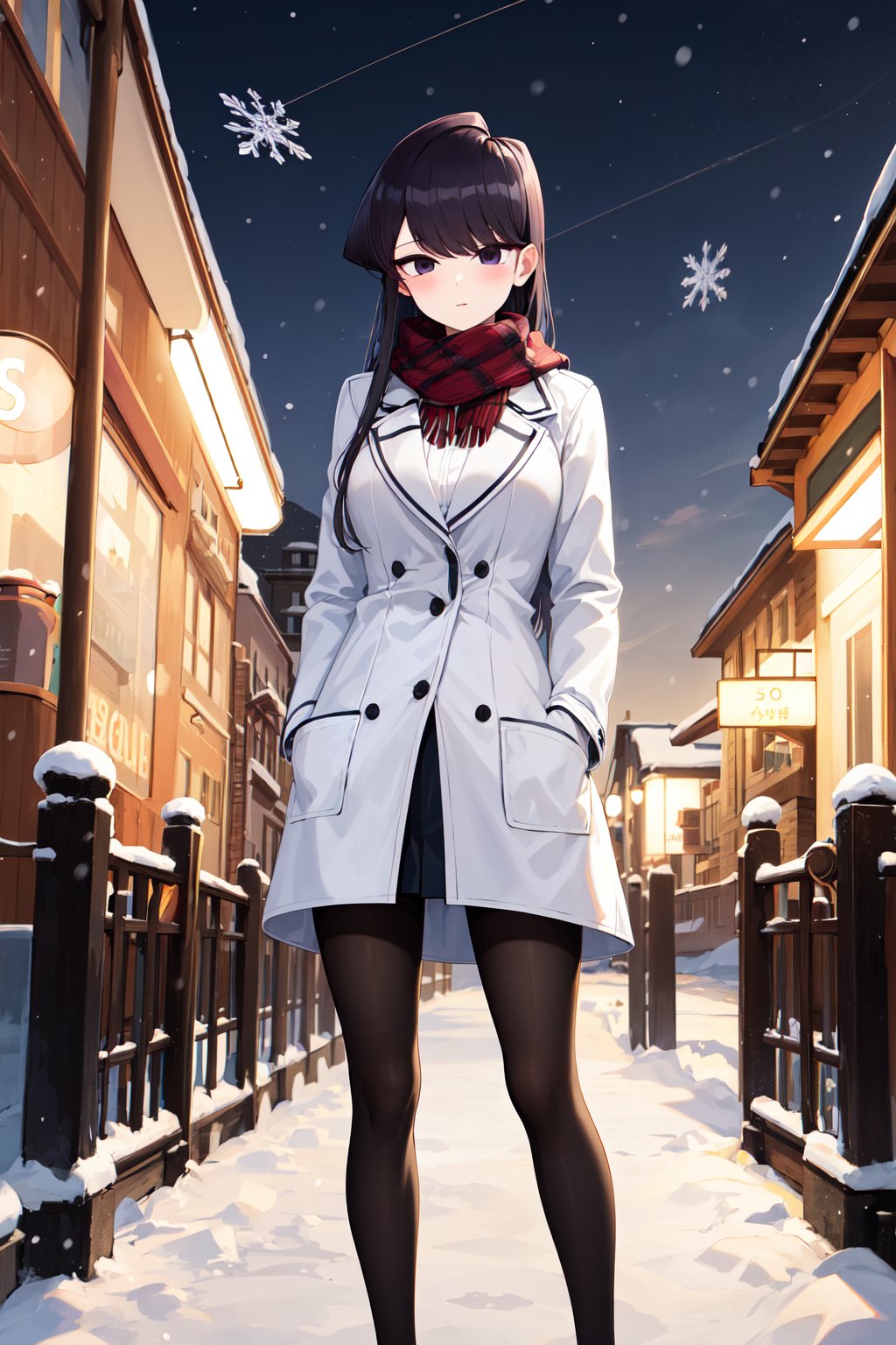 masterpiece, best quality, highres, aashouko, long hair, breasts, <lora:komi_shouko_v1:0.7>, snow, winter clothes, scarf, black pantyhose, city, standing, white coat