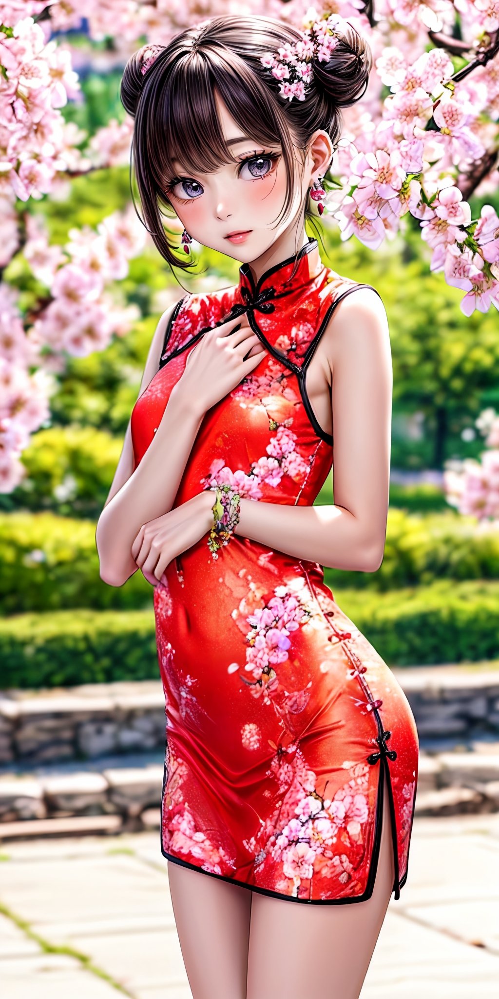 (masterpiece,ultra-detailed,best quality,8K,illustration:1.0),(petite girl:1.2) <lora:more_details:1>, flower, outdoor,cute face,cowboy shot,  <lora:n china dress v1.0:0.4> jyojifuku, china dress, jewelry, earrings, hair bun,mini skirt,open chest ,see-through<lora:cherry blossom:0.8> cherry blossom,many flowers