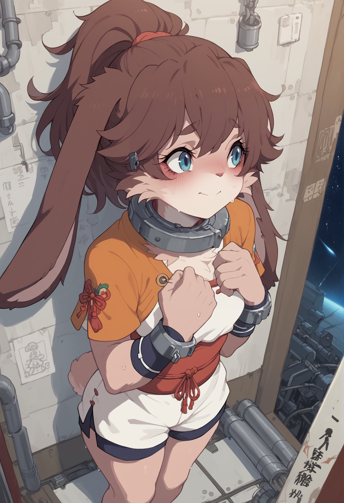 1girl, rabbit girl, long hair, brown hair, ponytail, blue eyes, (furry), japanese clothes, wristbands, obi, short sleeves, shorts, indoors, mechanical collar, lock, against wall, indoors, spacecraft interior, lights, looking to the side, blushing, nervous smile, hand on own chest, clenched hand, pipes, cables, front view, from above, small breasts, sweat, handcuffs, shackles  <lora:LOP_sw:0.8> <lora:KakureEriaPDXL:1>, score_9, score_8_up, score_7_up, score_6_up, score_5_up, score_4_up, BREAK source_furry, masterpiece