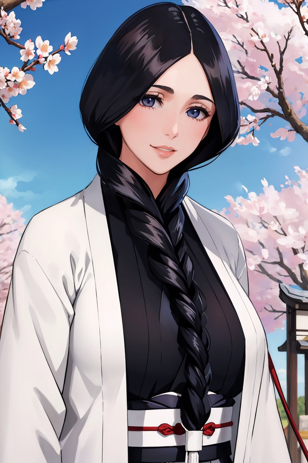 masterpiece, best quality, <lora:unohanaretsu-nvwls-v1-000009:0.9> unohana retsu, single braid, white coat, black kimono, upper body, looking at viewer, smile, sky, large breasts, mature female, cherry blossoms