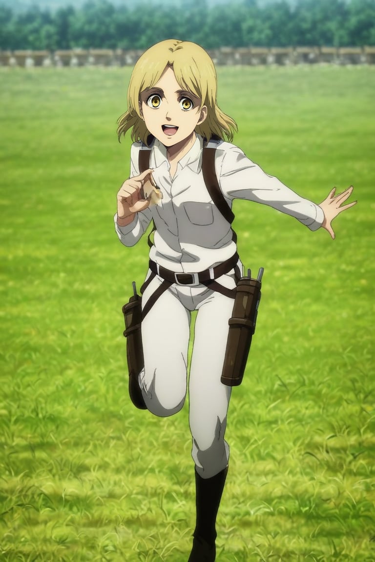 score_9, score_8_up, score_7_up, source_anime, rating_safe, intricate details, anime screencap, , , looking at viewer, depth of field, 1girl, gold eyes, light blonde hair,, solo, rule of thirds, field, day, one leg up, laughing, <lora:shingeki_no_kyojin_s4_style_pony:0.88>, shingeki_no_kyojin_s4_style, <lora:sdxl_lightning_8step_lora:1>