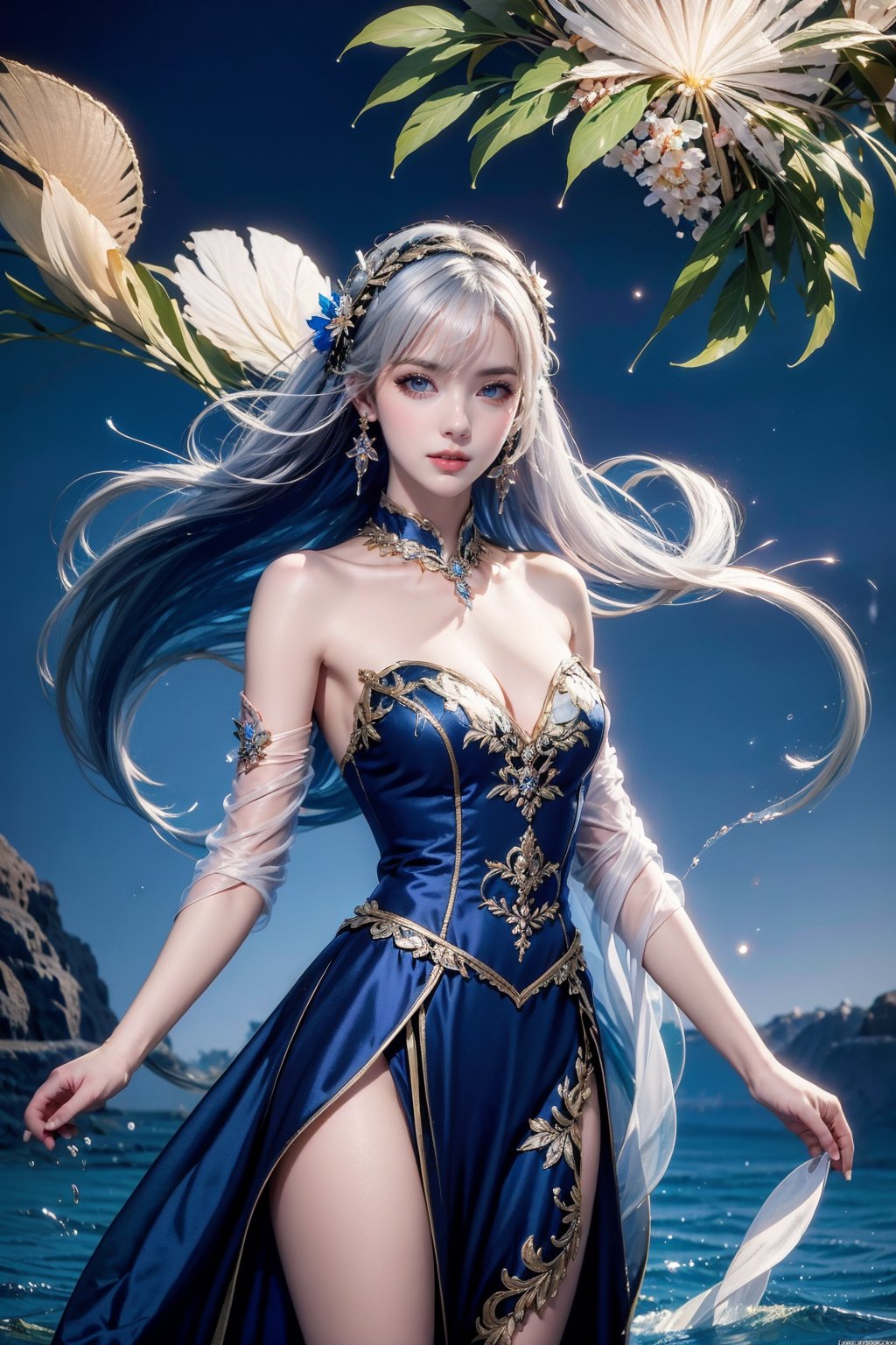 <lora:AgainRealistic_v2.0:1>, AgainRealistic_v2.0, 1girl, solo, water, long hair, breasts, looking at viewer, blue eyes, hair ornament, bare shoulders, dress, jewelry, parted lips, white hair, earrings, fireworks, cleavage, hairband, detached collar, detached sleeves, medium breasts, hair flower, flower, hair between eyes, cowboy shot, lips, blue dress, standing, sky, realistic, strapless dress, grey hair, night, artist name, strapless, watermark