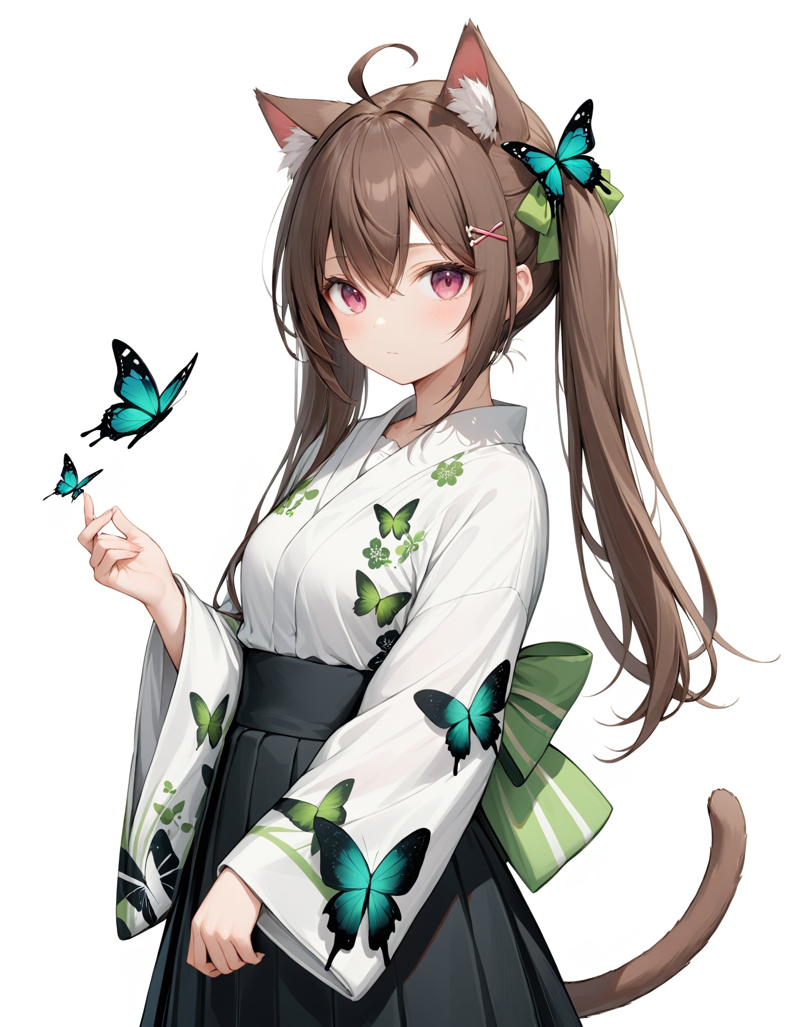 highres,best quality, 1girl, ahoge, animal ear fluff, animal ears, black bow, black skirt, bow, brown hair, bug, butterfly, cat ears, cat tail, closed mouth, collared shirt, expressionless, floral print, green bow, green skirt, hair between eyes, hair bow, hair ornament, hairclip, japanese clothes, kimono, long hair, long sleeves, looking at viewer, pink eyes, ponytail, shirt, sidelocks, simple background, skirt, sleeves past wrists, solo, standing, striped, striped bow, tail, twintails, very long hair, white background, white shirt, wide sleeves