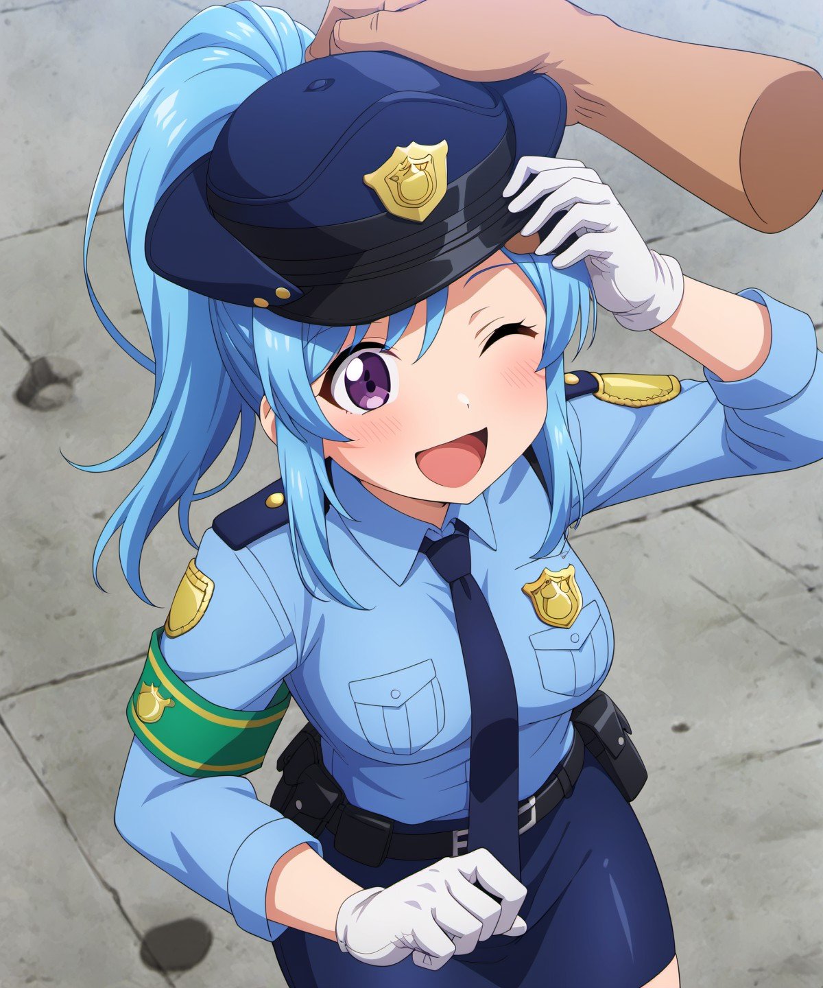 police, police uniform, 1girl, dog, matsuura kanan, police hat, policewoman, uniform, one eye closed, smile, skirt, gloves, open mouth, necktie, blue shirt, shirt, blush, long hair, ponytail, white gloves, hat, outdoors, petting, armband, purple eyes, ;d, pencil skirt, blue hair, blue skirt, solo, tongue, collared shirt, long sleeves, day, headpat, animal <lora:susamix010-pony:1>