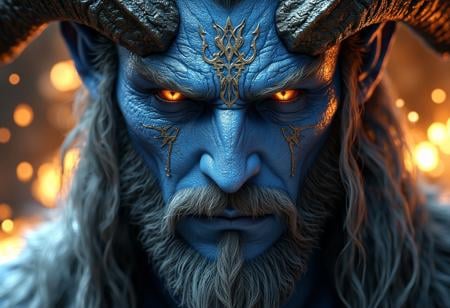 Close up portrait of an ancient blue-skinned tiefling with golden accents, he has long hair and beard and horns on his head, in the style of fantasy art, cinematic, octane render, hyper detailed, volumetric lighting, cinematic shot, in the style of artstation. hkevil