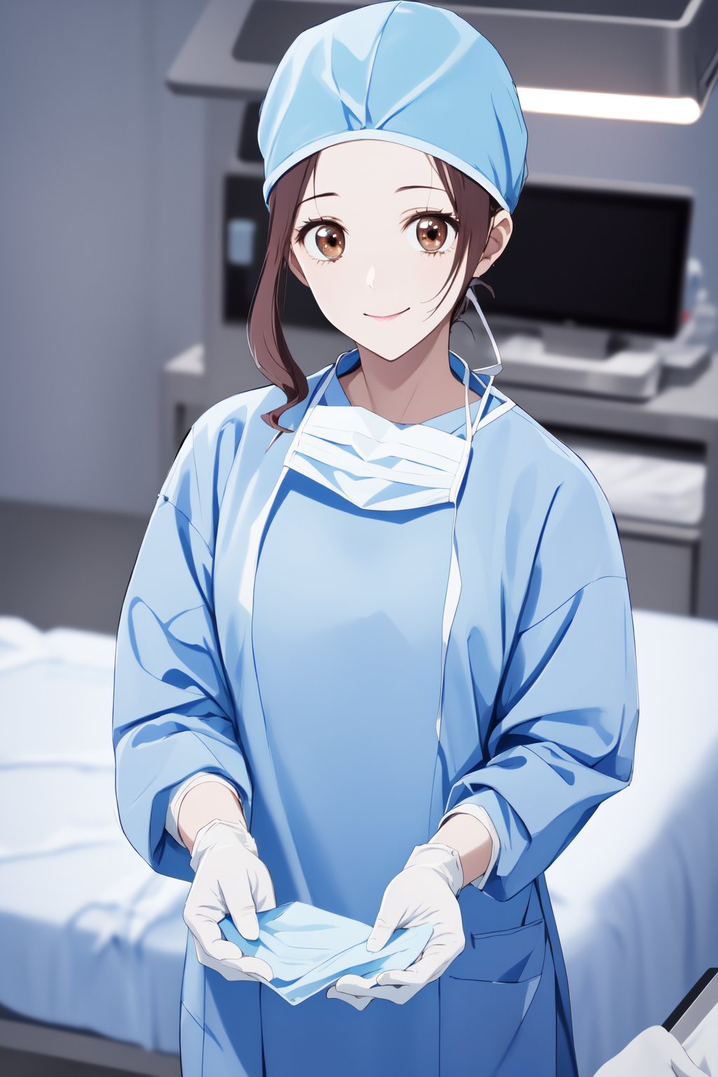 (RAW photo, best quality), 1girl, long sleeve surgical outfit, surgical gloves, surgical cap,  operating room, overhead surgical light, blurred background, focused <lora:aoi_takamoto_dr_elise_v1_2-000005:1>, aoi takamoto <lora:concept_surgical_mask_open_v2_1:0.9> surgical_mask_open, completely_undone, smile,