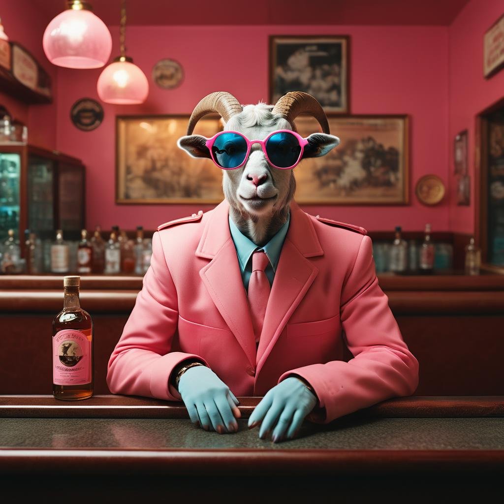 cinematic photo of  a smoky bar with a neon blue goat in pink sunglasses sitting in the corner booth smoking a cigar   <lora:Happy_World:0.8>, 35mm photograph, film, bokeh,  professional, 4k, highly detailed,  