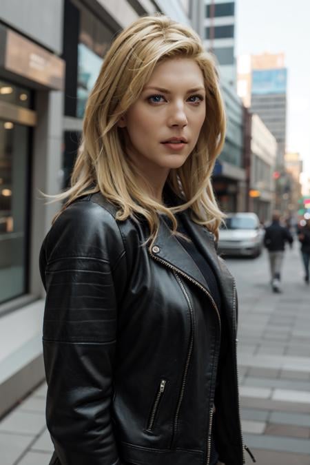 <lora:mondongo_LoRA_KatherynWinnick:1> mndngwmn, blond hair, wearing a leather jacket, on a city downtown, (ultra realistic, 8k,high quality)