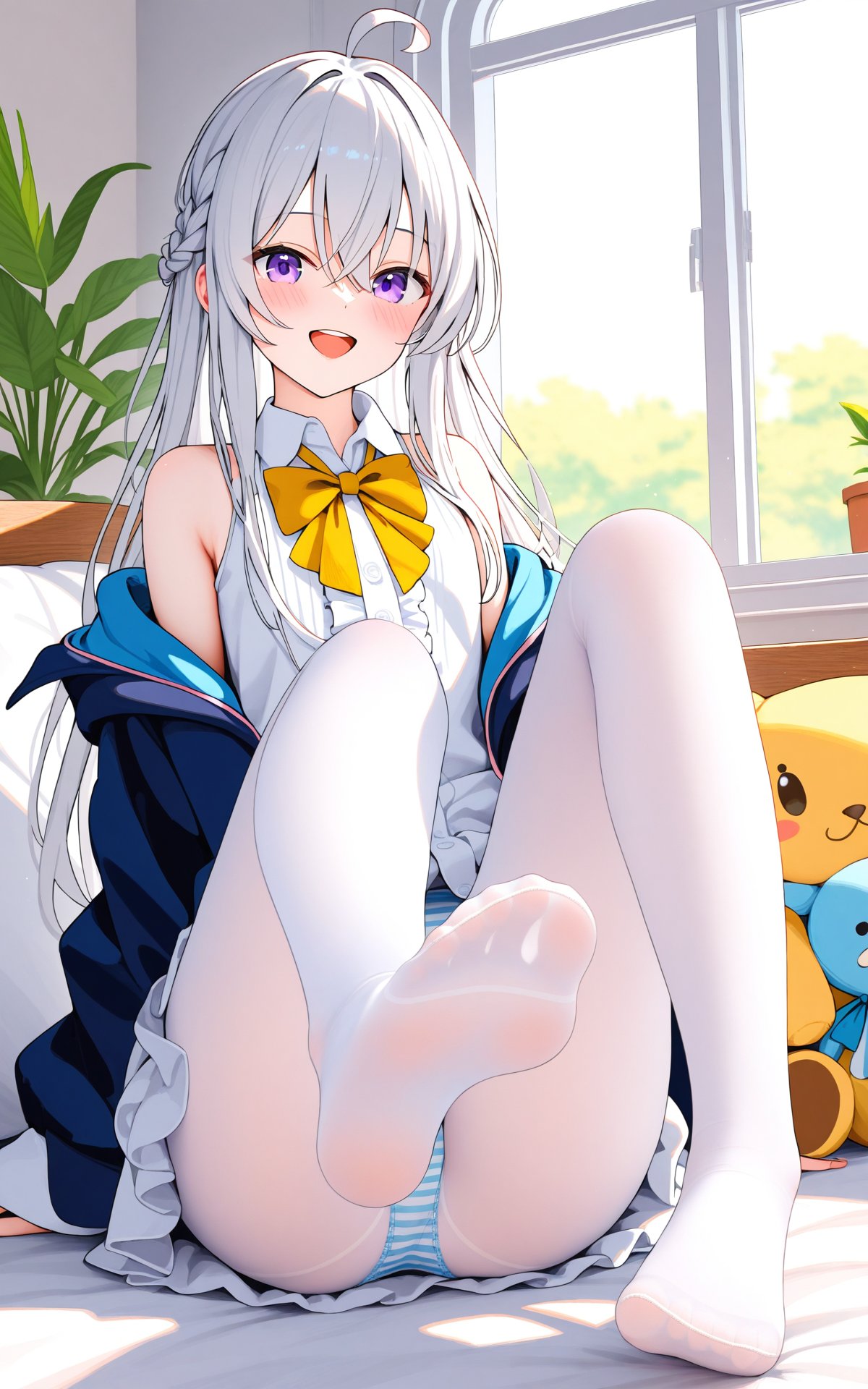 (masterpiece),(best quality),illustration,ultra detailed,hdr,Depth of field,(colorful),nai3 Style, 1girl, elaina (majo no tabitabi), feet, pantyhose, toes, no shoes, solo, soles, purple eyes, looking at viewer, long hair, foot focus, white pantyhose, legs, ahoge, shirt, open mouth, smile, braid, white shirt, indoors, sitting, bow, blush, sleeveless, bare shoulders, white hair, collared shirt, sleeveless shirt, yellow bowtie, yellow bow, panties, hair between eyes, foot out of frame, striped clothes, underwear, upper teeth only, bowtie, teeth, presenting foot, window, grey hair, striped panties, frills, jacket, :d, off shoulder, stuffed toy, yellow ribbon, plant, , , , , 