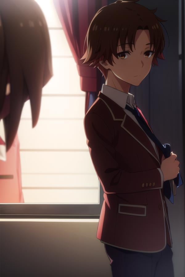 kiyotakaayanokouji, <lora:kiyotaka ayanokouji s2-lora-nochekaiser:1>,kiyotaka ayanokouji, brown hair, (brown eyes:1.5), male focus, (parted bangs:1.5), short hair,BREAK school uniform, jacket, necktie, blazer, blue necktie, shirt, white shirt, collared shirt, (red blazer:1.5),BREAK indoors, classroom,BREAK looking at viewer, (cowboy shot:1.5),BREAK <lyco:GoodHands-beta2:1>, (masterpiece:1.2), best quality, high resolution, unity 8k wallpaper, (illustration:0.8), (beautiful detailed eyes:1.6), extremely detailed face, perfect lighting, extremely detailed CG, (perfect hands, perfect anatomy),