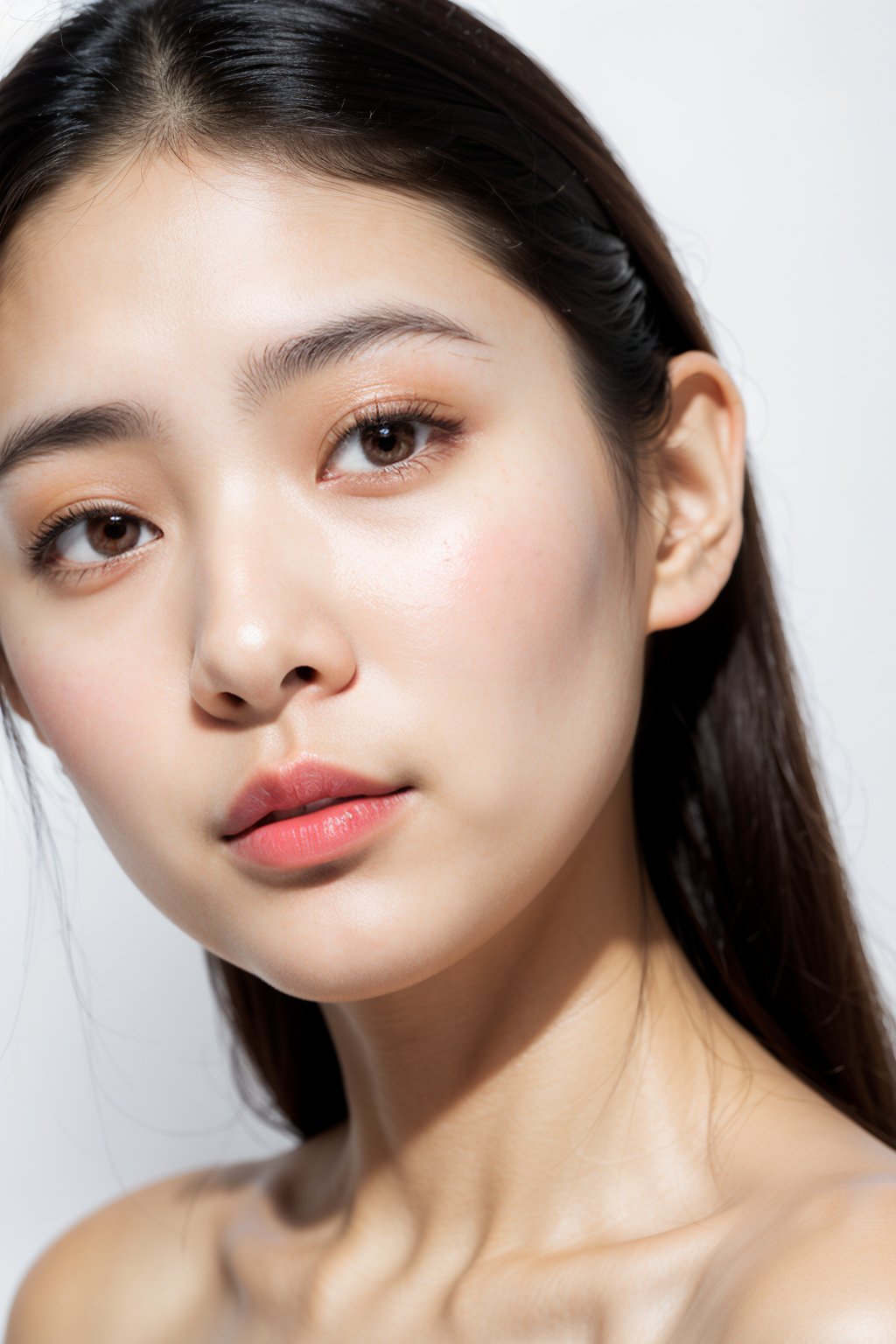 raw photo,  cute hongkong woman,  (close-up),  naked,  natural lighting,  (skin pores),  shadow through her face,  white background