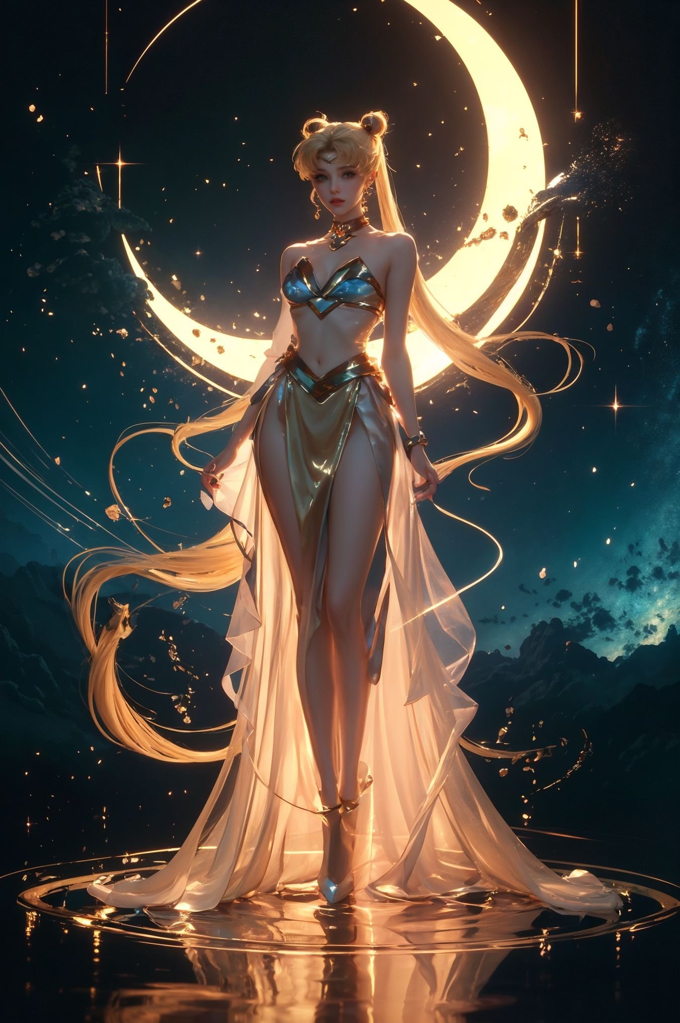 Elden ring landscape,castle,epic,8k,realistic,character in the Middle front of the landscape,xuer Sailor Moon,tsukino usagi,jewelry,earrings,very long hair,blonde hair,forehead mark,double bun,<lora:xuer Sailor Moon_20240329152018:0.7>,(full body:1.5),sleeveless,high gloss,extremely beautiful skin,natural skin texture,(pale skin, real_skin),(Milky skin:1.2),(shiny skin:1.5),A shot with tension,(sky glows,Visual impact,giving the poster a dynamic and visually striking appearance:1.2),impactful picture,