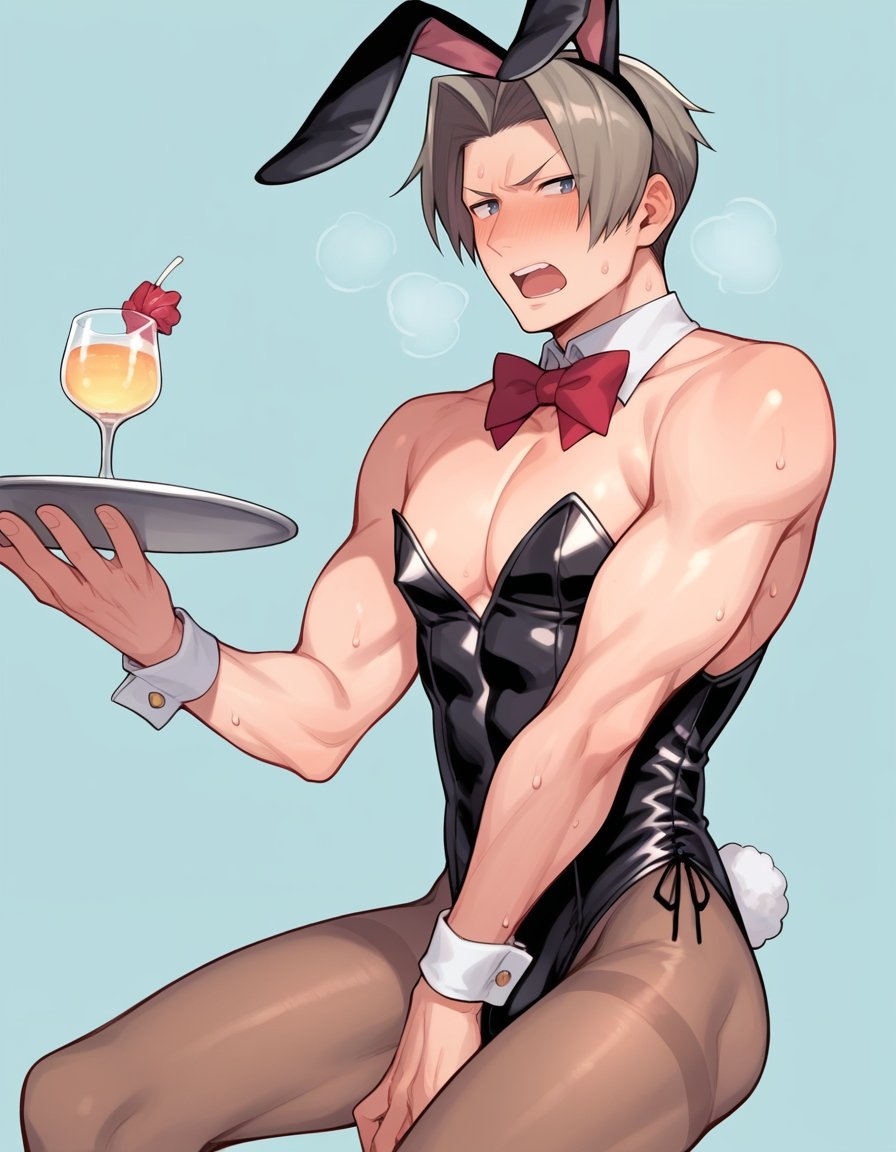 sscore_9, score_8_up, score_7_up, source_anime, miles edgeworth, 1boy, male focus, solo, crossdressing, rabbit ears, black leotard, hand between legs, blush, embarrassed, muscular male, holding tray, drinking glass, detached collar, red bowtie, see-through brown pantyhose, open mouth, sweat, light blue background, heart, background, v-shaped eyebrows, angy, <lora:miles_edgeworth_pony:1>