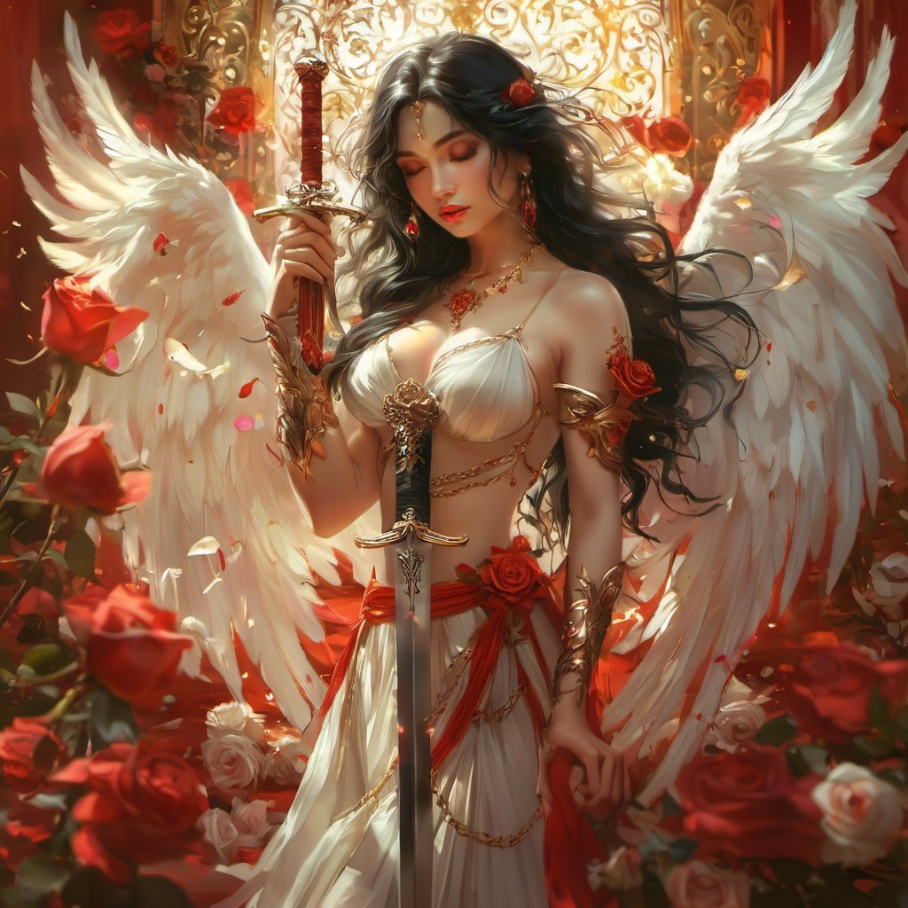 white wings, 1girl, flower, wings, rose, jewelry, solo, red flower, long hair, weapon, sword, closed eyes, earrings, breasts, red rose, black hair, holding, armlet, red lips, bracelet, petals, angel wings, white flower, holding weapon, feathered wings, angel, artist name, blood, holding sword, bare shoulders, blurry, necklace, chain, depth of field, lips, white rose, gold chain,<lora:xltk:0.6>,