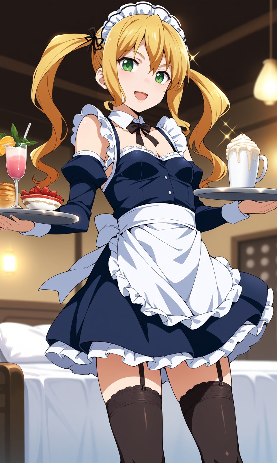 score_9, score_8_up, score_7_up, score_6_up, BREAK1girl, himegamikodama, apron, black legwear, blonde hair, breasts, cleavage, cup, detached sleeves, enmaided, garter belt, garter straps, long hair, maid, maid headdress, medium breasts, open mouth, solo, sparkle, standing, thighhighs, tray, twintails, waitress, green eyes,looking at viewer, closed mouth, light smile,indoors, <lora:HimegamiKodama_Pony1:1> 