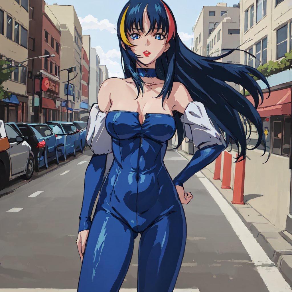 <lora:Aisha:1>outdoor,street,Masterpeace,high quality,Aisha, 1girl, solo, long hair,blue hair,blue eyes,bare shoulders,detached sleeves,choker, streaked hair,blue bodysuit,lipstick,red lips,full body, hands on hip, standing